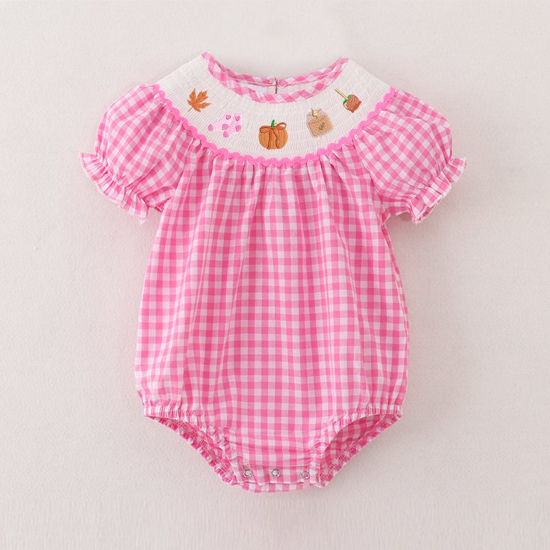 Infant Baby Girls Winter Thanksgiving Pink Plaid Smocked Turkey Embroidery Romper Customized Kids Clothes Smocked Clothing