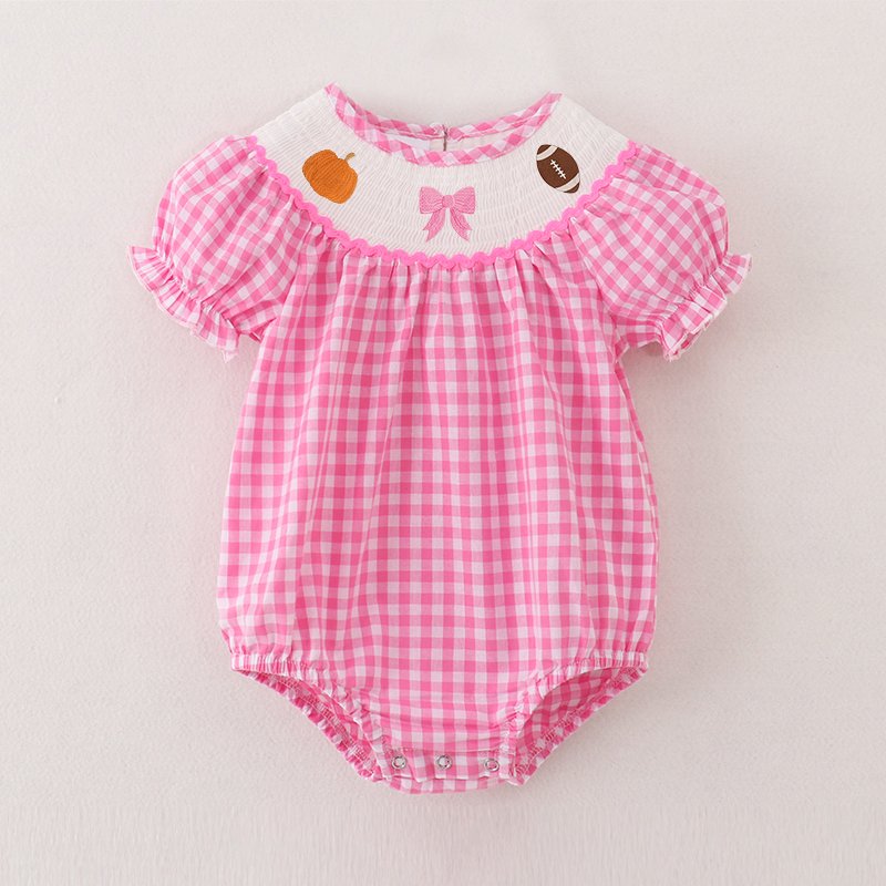 Infant Baby Girls Winter Thanksgiving Pink Plaid Smocked Turkey Embroidery Romper Customized Kids Clothes Smocked Clothing