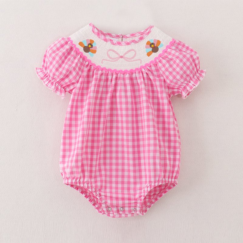 Infant Baby Girls Winter Thanksgiving Pink Plaid Smocked Turkey Embroidery Romper Customized Kids Clothes Smocked Clothing