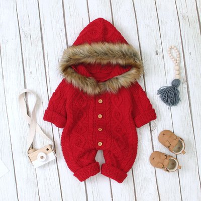 Autumn and Winter Solid Color Fur Collar Baby Jumpsuit Children Knitted Romper Baby Clothes