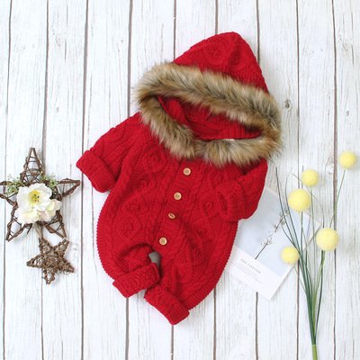 Autumn and Winter Solid Color Fur Collar Baby Jumpsuit Children Knitted Romper Baby Clothes
