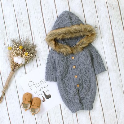 Autumn and Winter Solid Color Fur Collar Baby Jumpsuit Children Knitted Romper Baby Clothes
