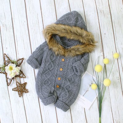 Autumn and Winter Solid Color Fur Collar Baby Jumpsuit Children Knitted Romper Baby Clothes
