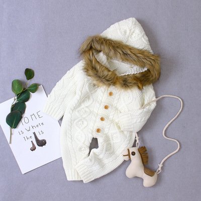 Autumn and Winter Solid Color Fur Collar Baby Jumpsuit Children Knitted Romper Baby Clothes