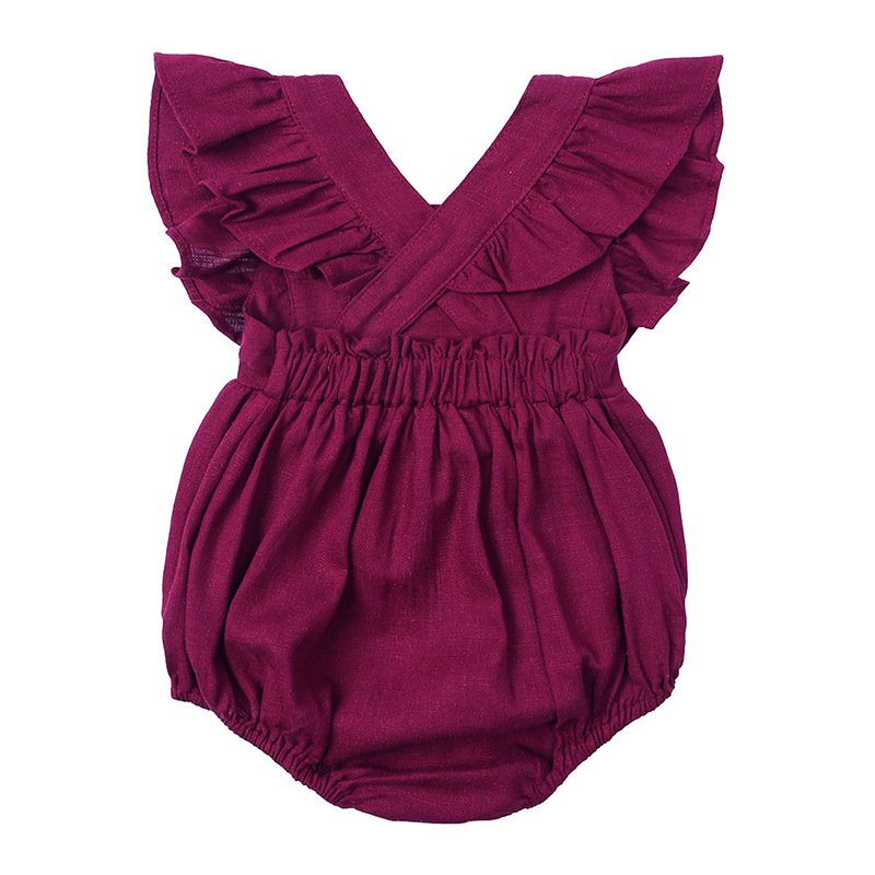 High Quality Sleeveless Romper Baby Clothes Solid Ruffle Linen Baby Rompers From China