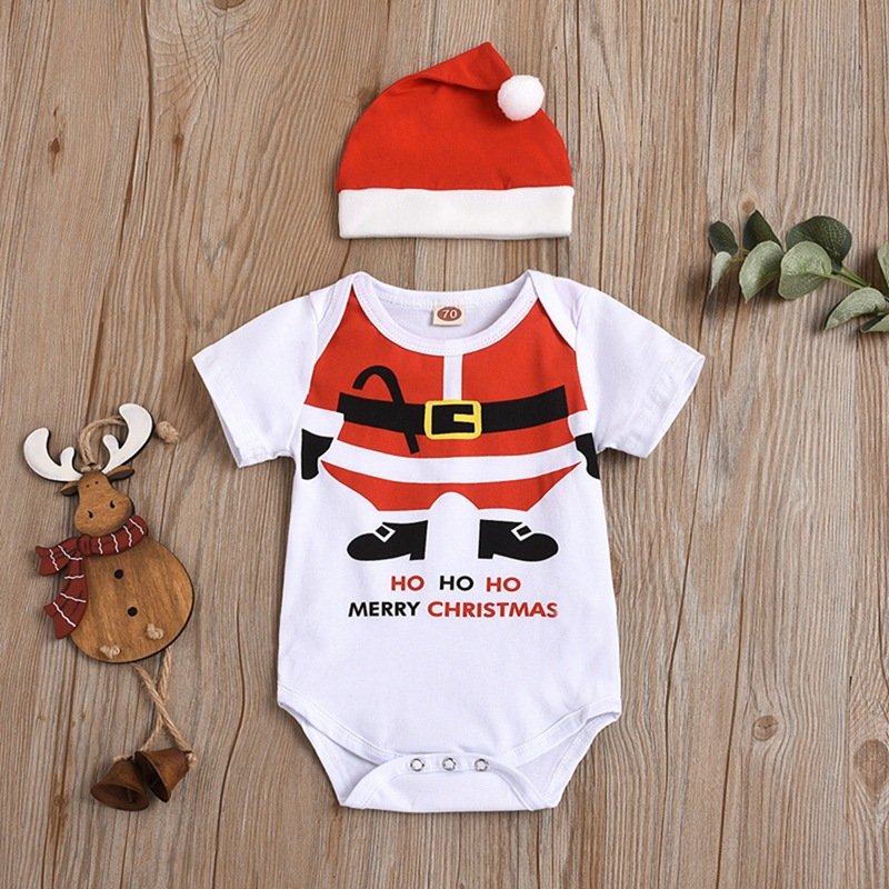 Baby Christmas Outfit Infant Boys Girls Short Sleeve O-Neck Santa Claus Footie Romper Jumpsuits with Hat 2-piece Outfit