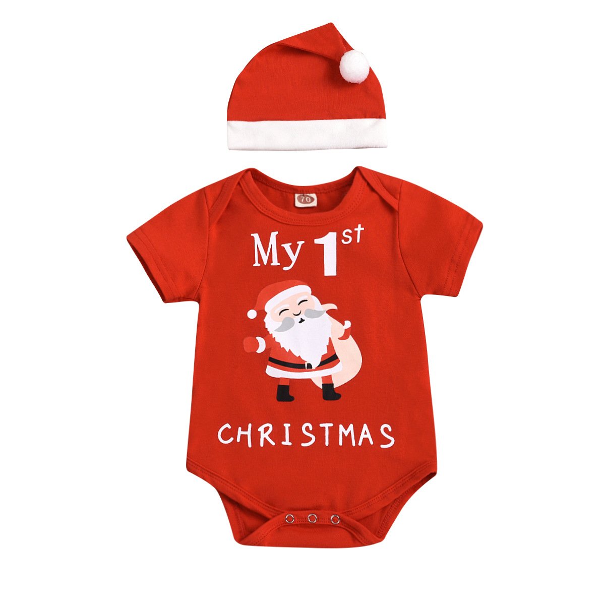 Baby Christmas Outfit Infant Boys Girls Short Sleeve O-Neck Santa Claus Footie Romper Jumpsuits with Hat 2-piece Outfit