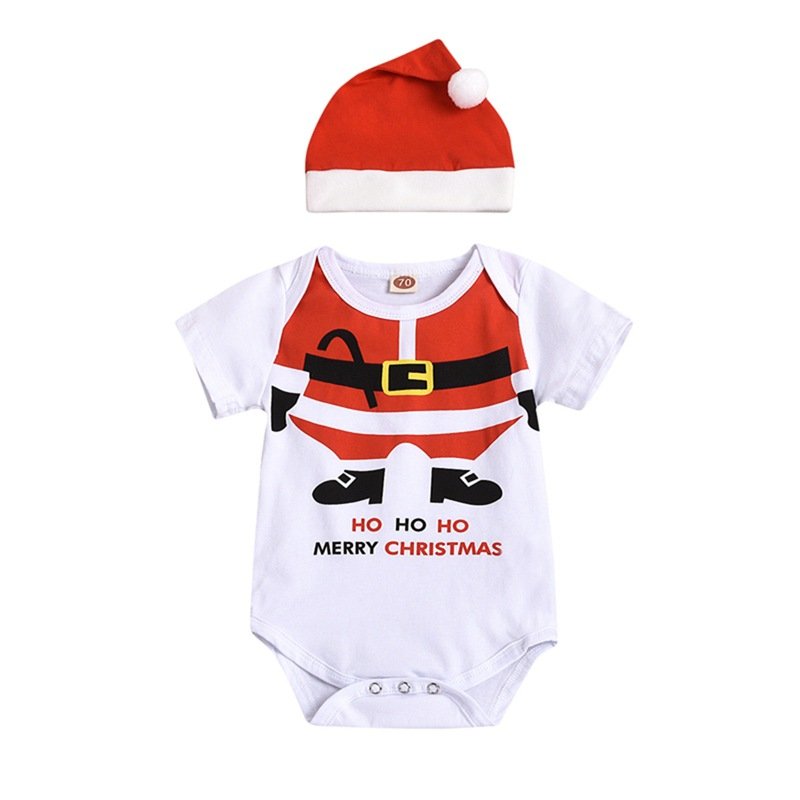 Baby Christmas Outfit Infant Boys Girls Short Sleeve O-Neck Santa Claus Footie Romper Jumpsuits with Hat 2-piece Outfit