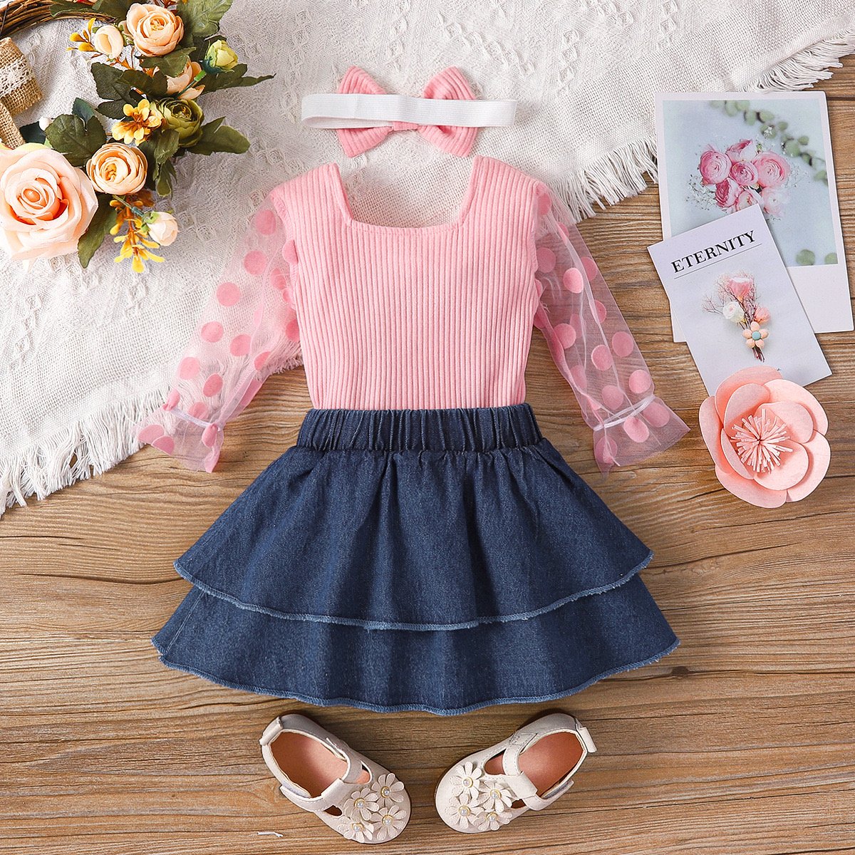 Hot sale Infant Baby Girls Summer Pink Dots Lace Romper+Layered Denim Skirts Newborn Sets Clothes