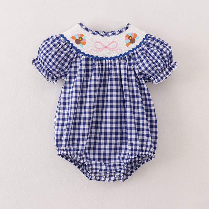 Infant Baby Girls Winter Thanksgiving Blue Plaid Smocked Turkey Embroidery Romper Customized Kids Clothes Smocked Clothing
