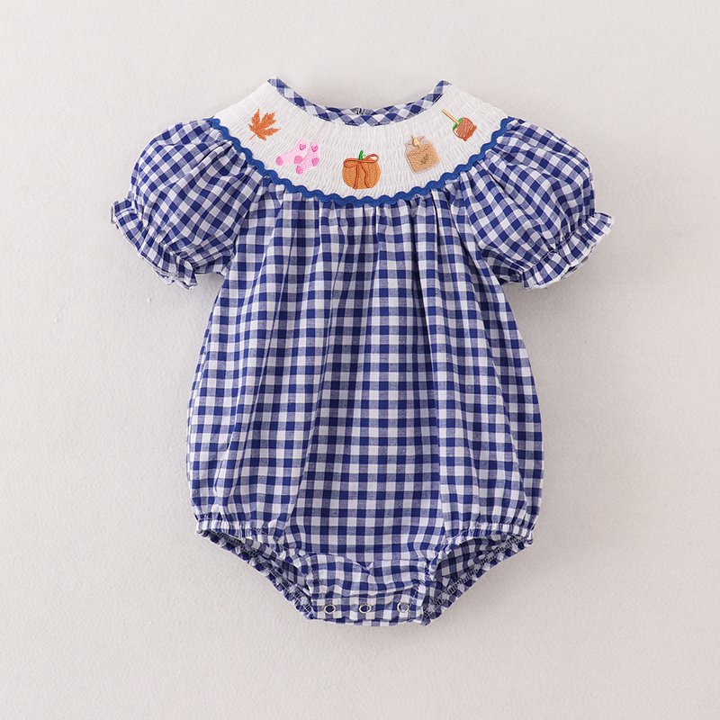 Infant Baby Girls Winter Thanksgiving Blue Plaid Smocked Turkey Embroidery Romper Customized Kids Clothes Smocked Clothing