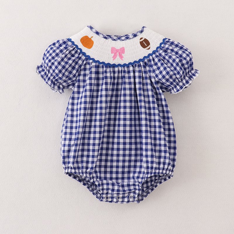 Infant Baby Girls Winter Thanksgiving Blue Plaid Smocked Turkey Embroidery Romper Customized Kids Clothes Smocked Clothing