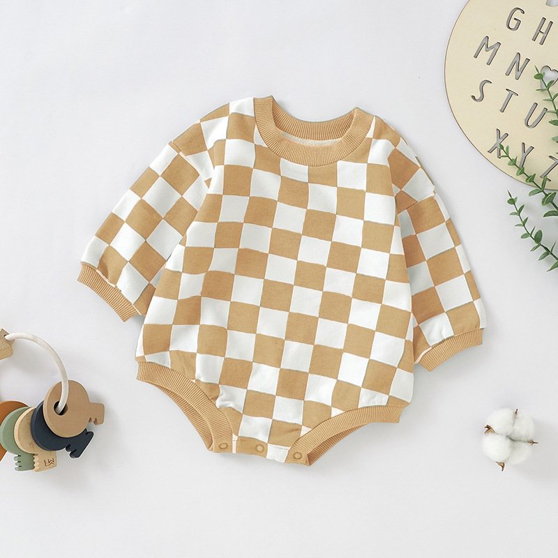 Autumn Winter Organic Cotton Plaid Print Children Clothes Long Sleeve Short Snap Baby Romper