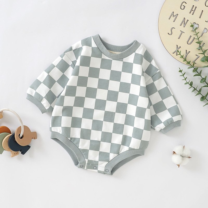 Autumn Winter Organic Cotton Plaid Print Children Clothes Long Sleeve Short Snap Baby Romper