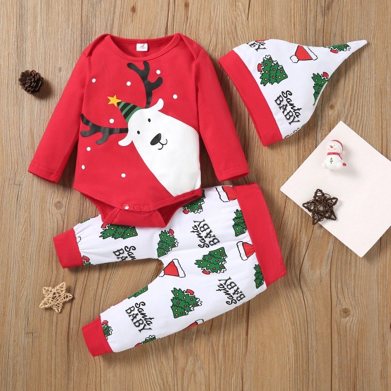 Newborn Unisex Christmas Clothing Cute Deer Print Autumn Winter Long-Sleeve Children Wear hat pants Sets Baby Romper