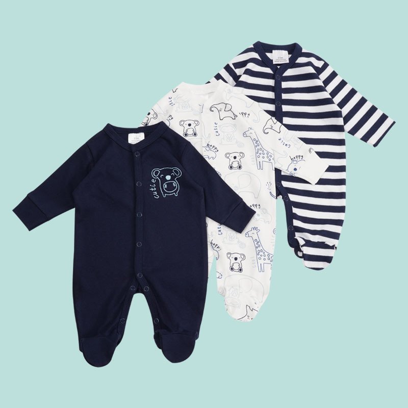 baby rompers 3 sets of cotton baby fall clothes baby onesie crawling Round neck wrapped feet in one piece suit pajamas