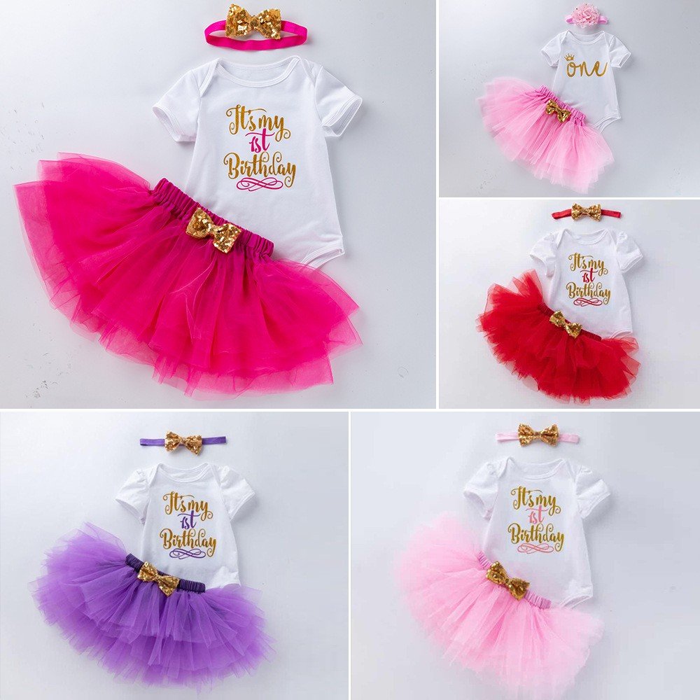 Baby Girls 1st Birthday Romper Bodysuit Tutu Skirt Set Newborn Baby Girl Clothes One Years Dress