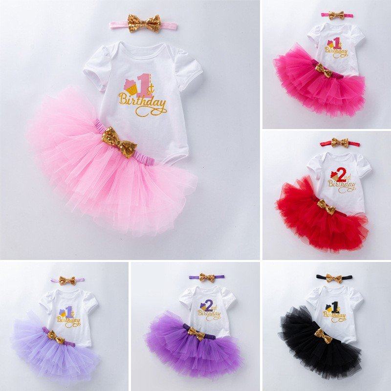 Baby Girls 1st Birthday Romper Bodysuit Tutu Skirt Set Newborn Baby Girl Clothes One Years Dress