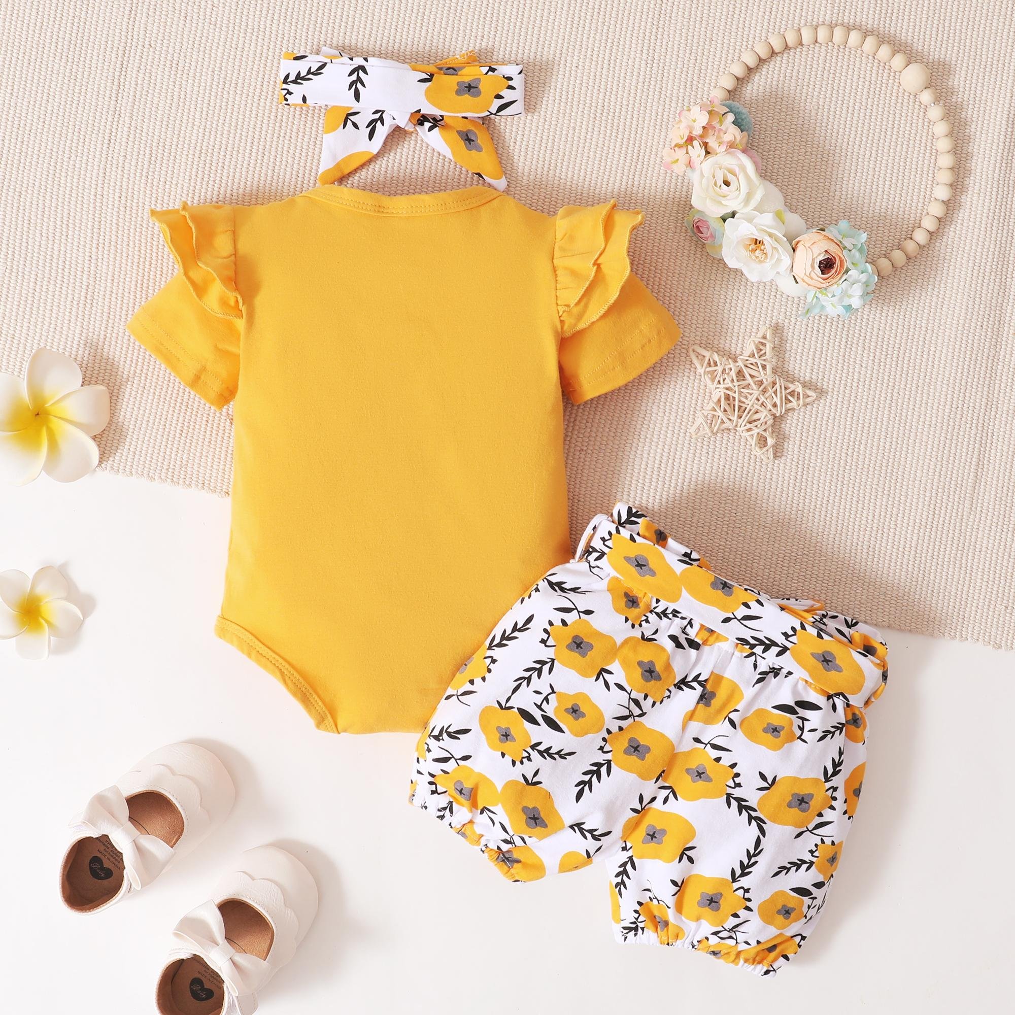 Yellow Baby Girl Romper Sets Newborn Baby Romper Set Three-Piece Letter-Print Short-Sleeved Romper