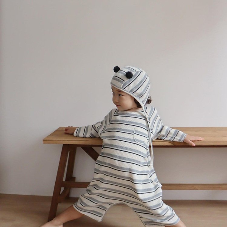 Baby clothes striped waffle spring and autumn newborn romper long sleeved high quality baby jumpsuit