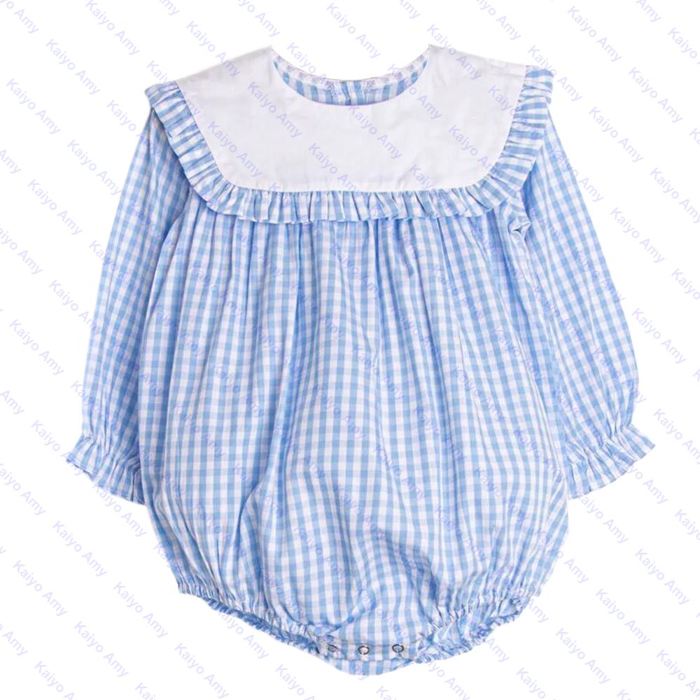 Baby clothes set woven light blue gingham baby rompers wholesale puffy sleeve winter romper for baby