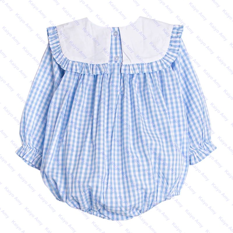 Baby clothes set woven light blue gingham baby rompers wholesale puffy sleeve winter romper for baby