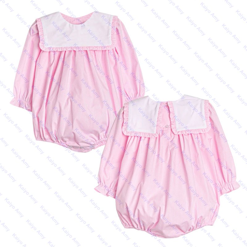 Baby clothes set woven light blue gingham baby rompers wholesale puffy sleeve winter romper for baby