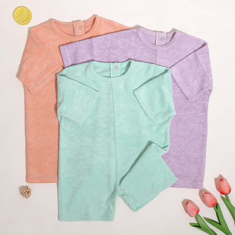 Wholesale Custom Terry Solid Color Knit Infant Baby Clothes Girl Boy Jumpsuit Short Sleeve Baby Rompers