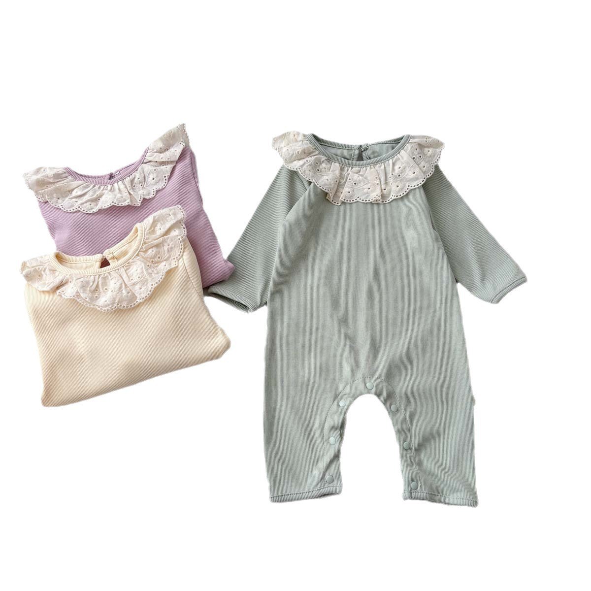 Wholesale 2024 Fall Baby Clothing South Korea Lace Edge Pit Strip Long Sleeve Cotton Baby Rompers