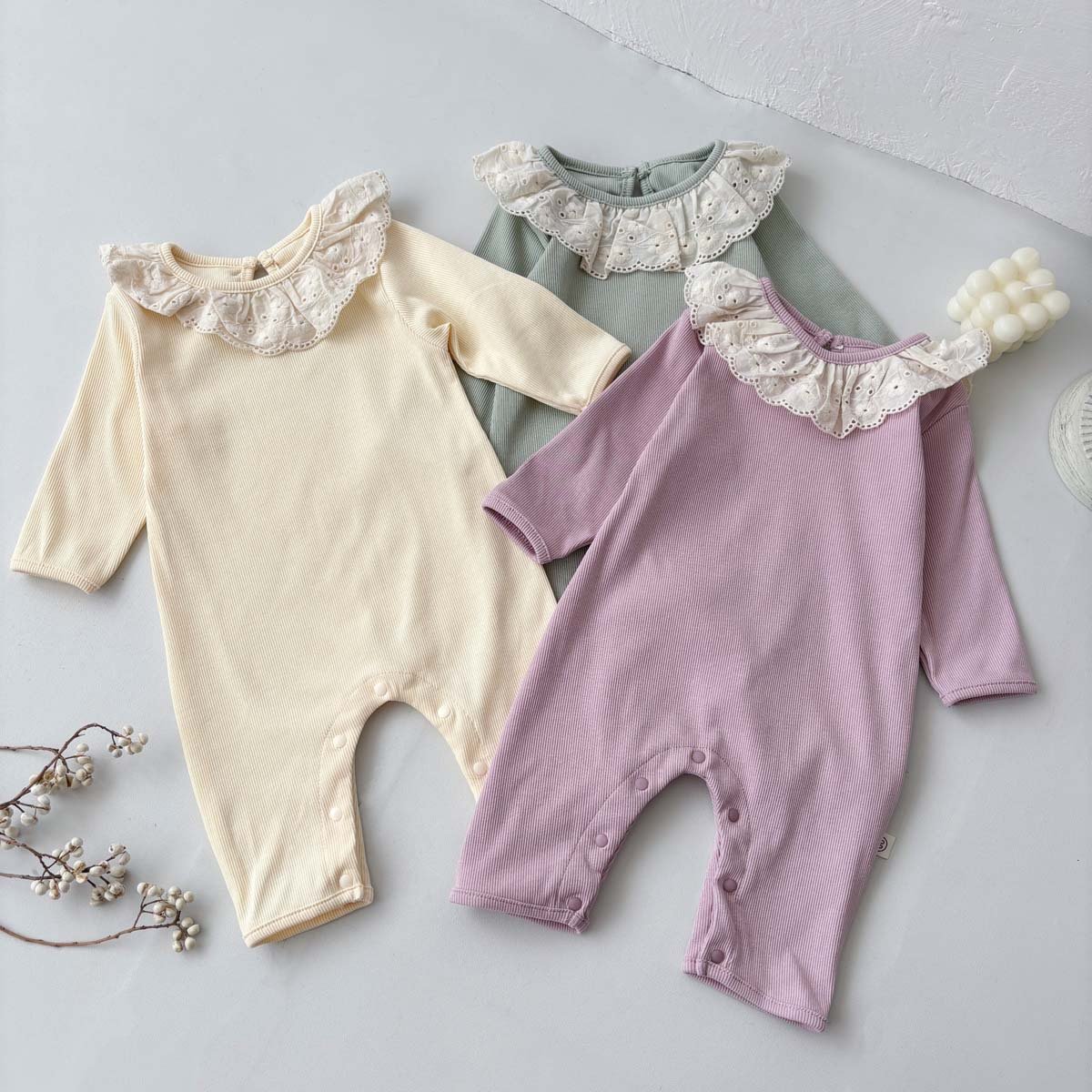 Wholesale 2024 Fall Baby Clothing South Korea Lace Edge Pit Strip Long Sleeve Cotton Baby Rompers