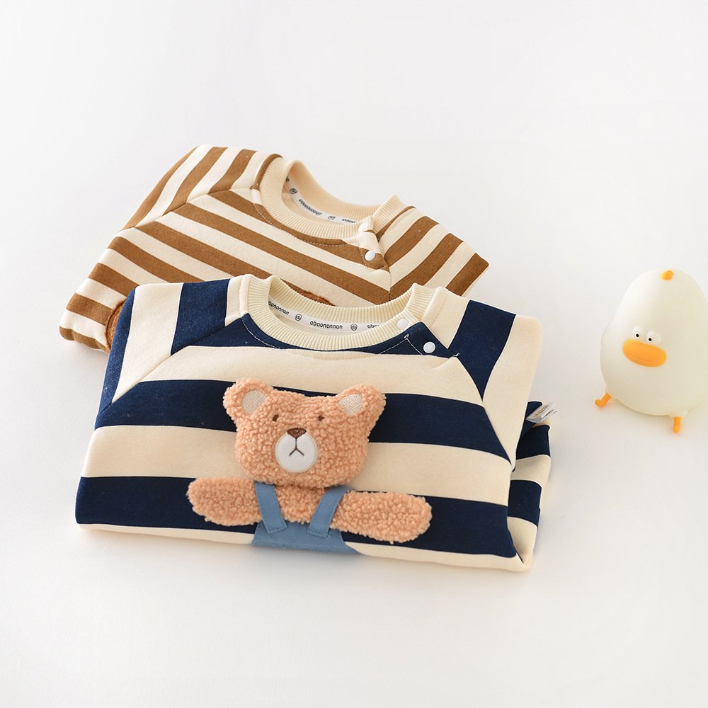 Wholesale Cartoon Infant Baby Clothes Romper Keep Warm Striped 3D Bear Winter Baby Romper
