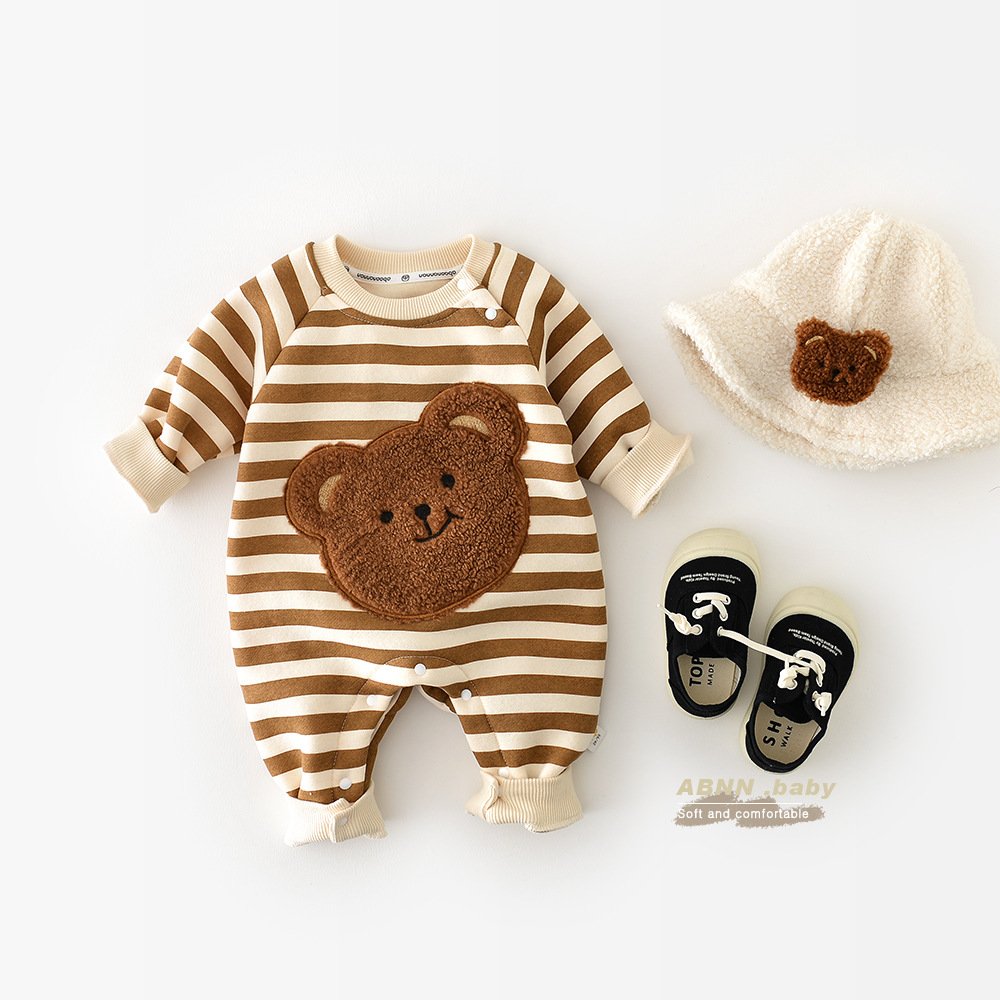 Wholesale Cartoon Infant Baby Clothes Romper Keep Warm Striped 3D Bear Winter Baby Romper