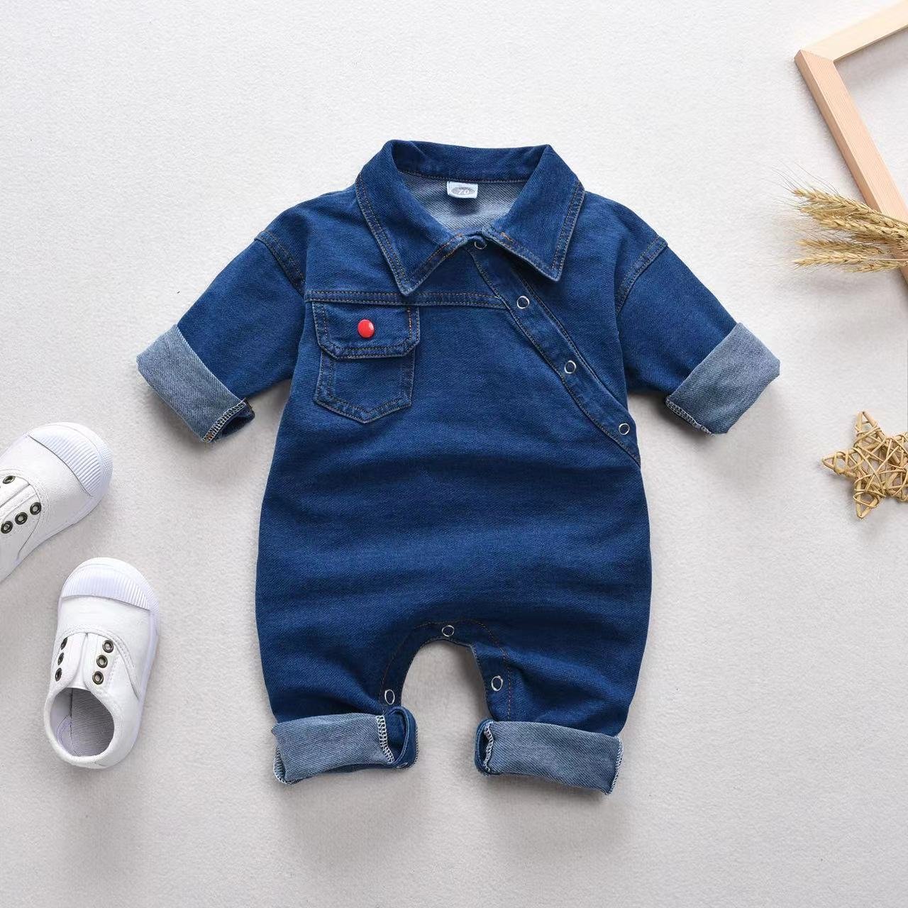 Hot Sale Infant Baby Denim Long Sleeve Cotton Boy Button Romper Chidren Clothes Winter For Daily Outdoor