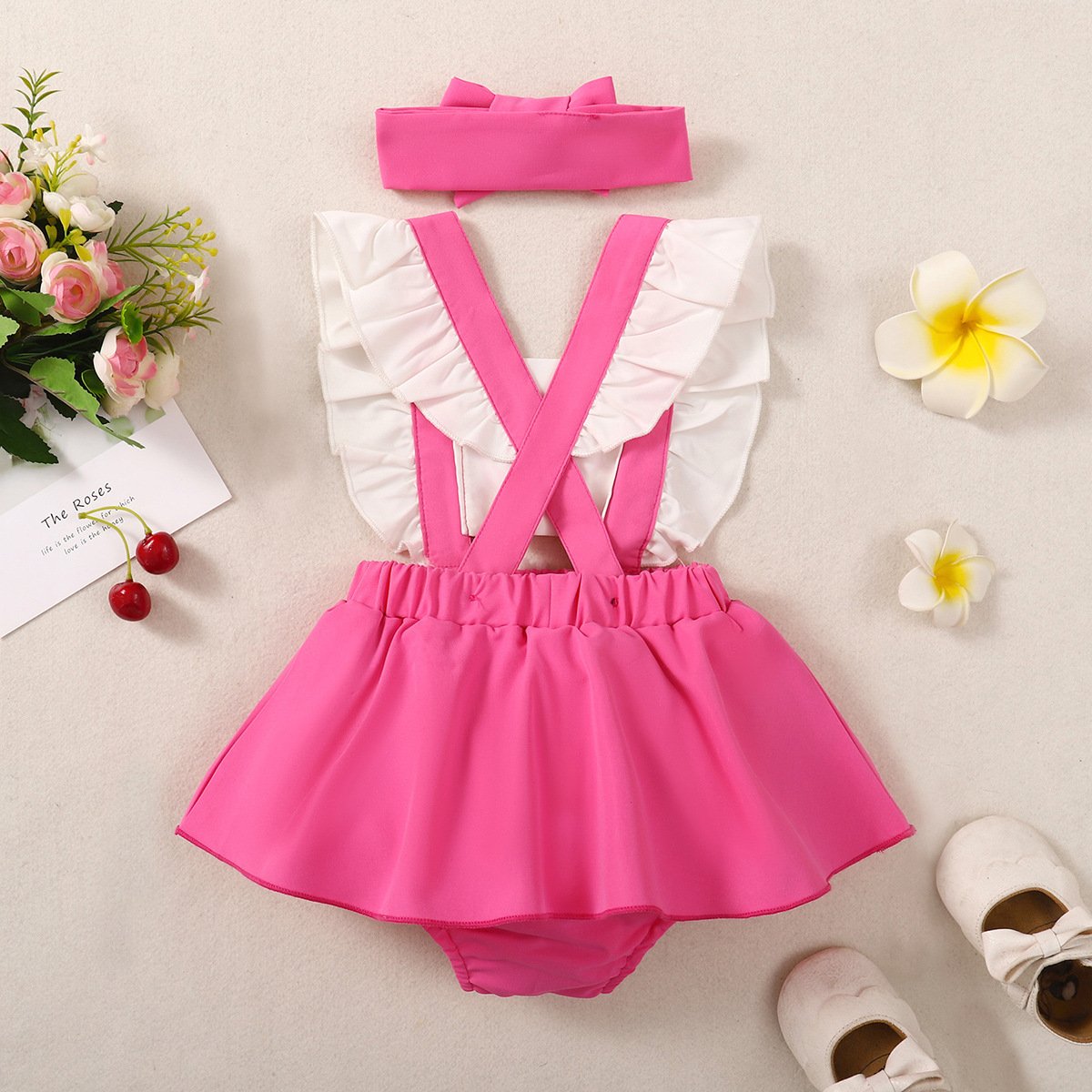 Rarewe Custom Private Label Newborn Ruffle Girls Baby Dress Pink Soft Letter Print Sleeveless Baby Romper With Headband