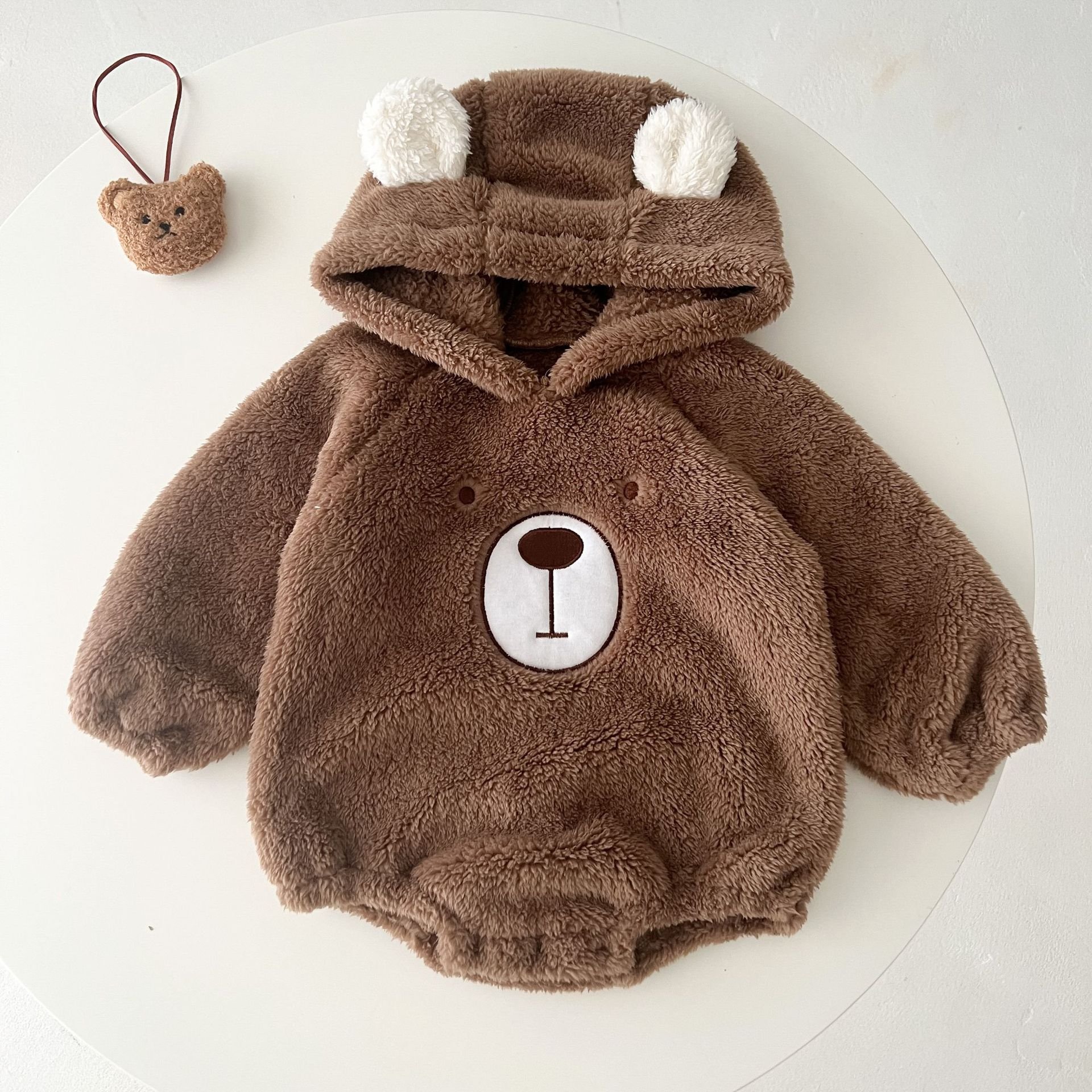 Born Baby Boy Winter Rompers Cute Hooded Bear Plus Fleece Cotton Baby Rompers Warm Double-sided Fleece Jacket Baby Romper