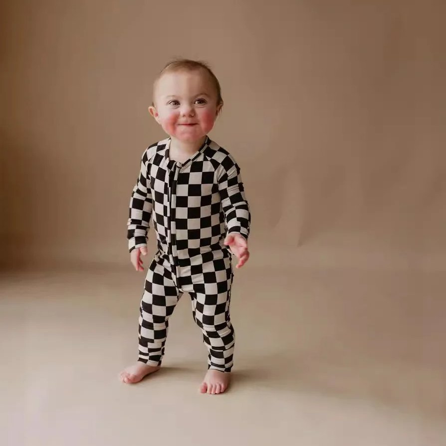 2024 Spring and Summer Baby Climbing Suit Bamboo Fiber Baby Clothing Black and White Plaid Baby Romper