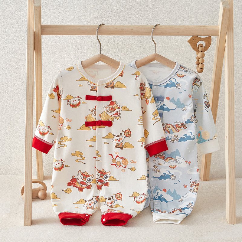 Newborn one-piece baby romper, pure cotton full moon suit, one hundred days old, Chinese style new Year clothes, baby clothes