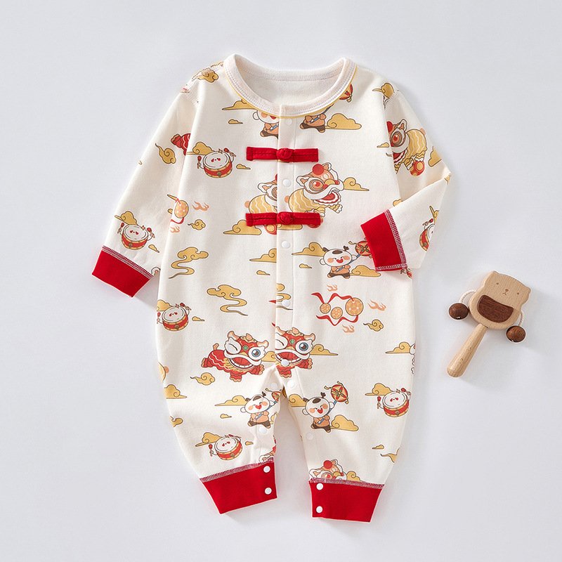 Newborn one-piece baby romper, pure cotton full moon suit, one hundred days old, Chinese style new Year clothes, baby clothes