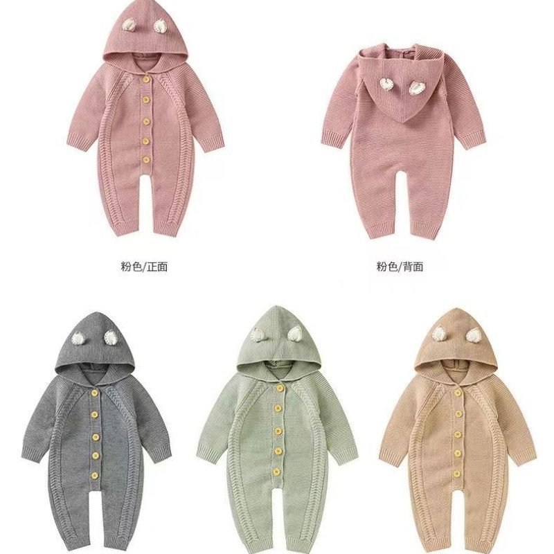 custom 90% cotton winter long sleeve cut knitted sweater cardigan baby rompers with hoodies for newborn