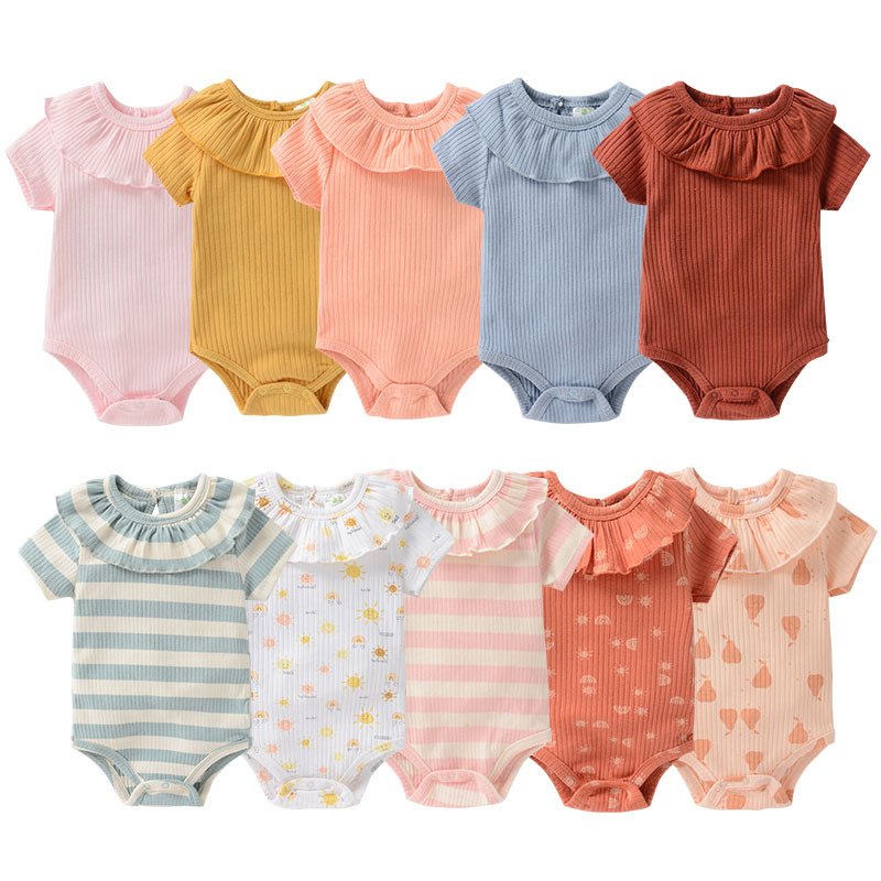 Short Sleeve Summer Onesie OEM ODM Ruffle vintage frill romper baby Bodysuits Solid ribbon Striped Cotton Baby Romper