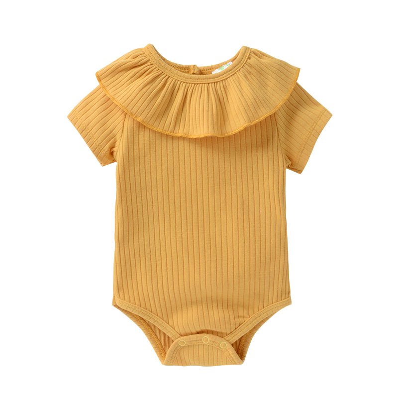 Short Sleeve Summer Onesie OEM ODM Ruffle vintage frill romper baby Bodysuits Solid ribbon Striped Cotton Baby Romper