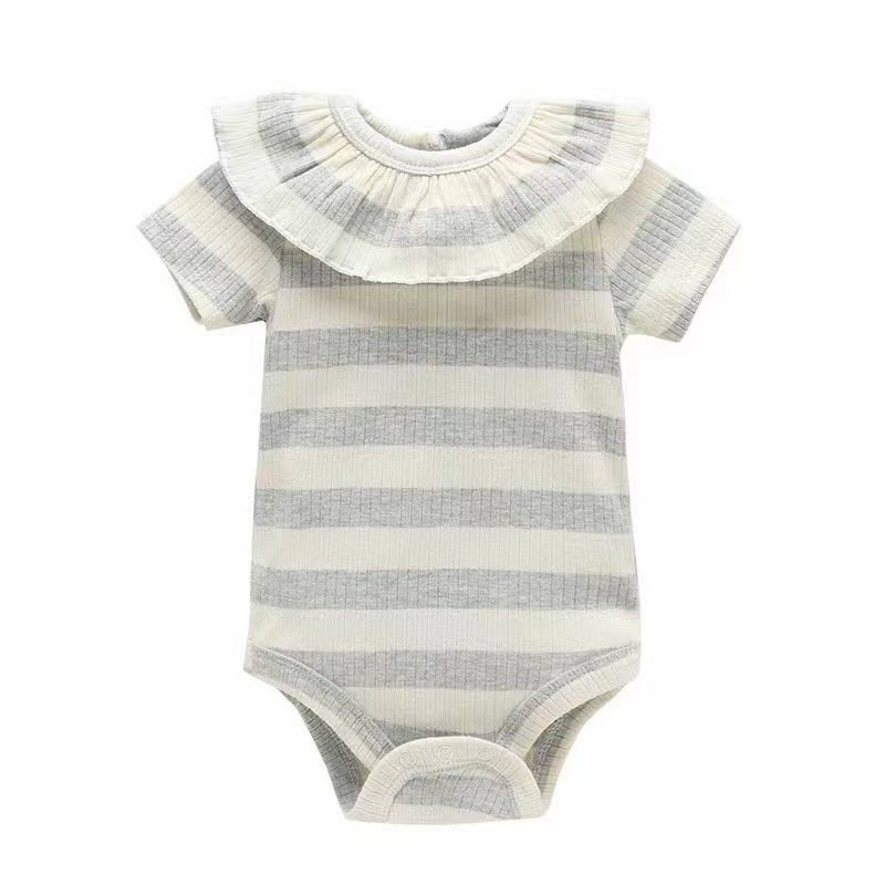 Short Sleeve Summer Onesie OEM ODM Ruffle vintage frill romper baby Bodysuits Solid ribbon Striped Cotton Baby Romper