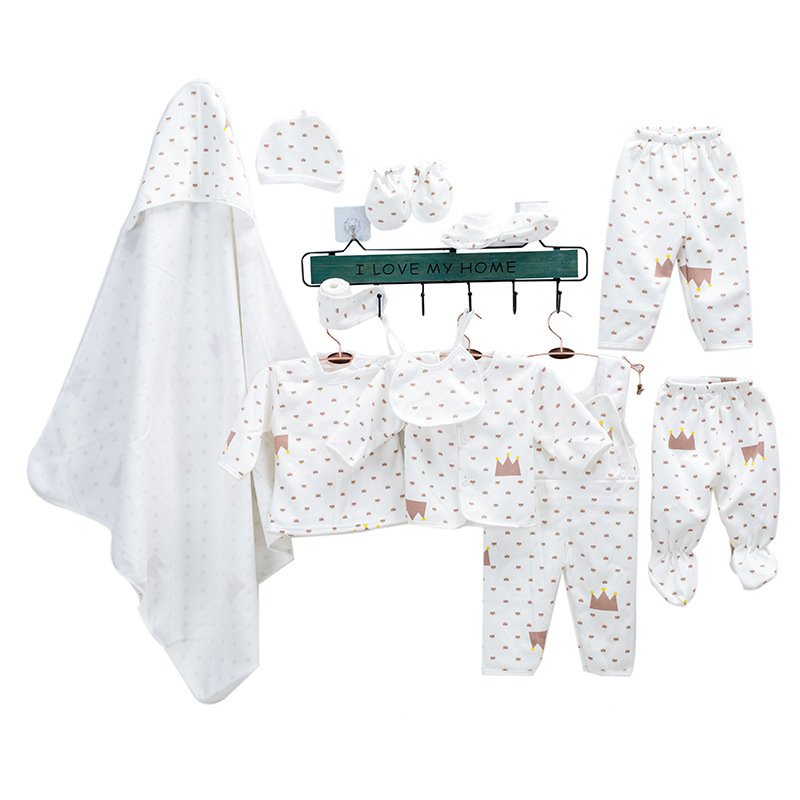 Men's and Women's Baby Combed Cotton Long-Sleeved Trousers Pure White Printed Newborn Romper 11-Piece Set