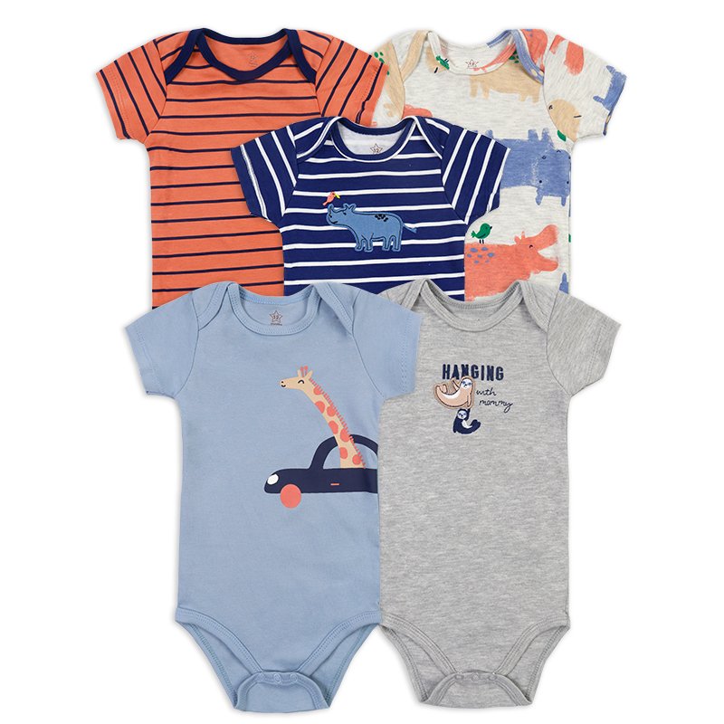 Wholesale Hot sale Cartoon print boy girl cotton 5 pieces set Newborn bodysuit Comfortable baby short sleeve romper Cute