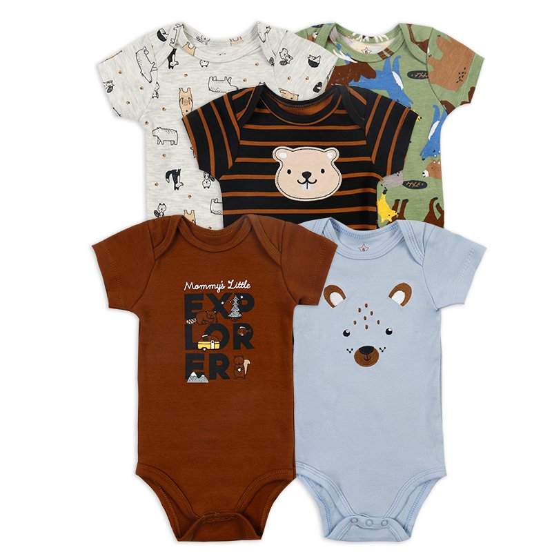 Wholesale Hot sale Cartoon print boy girl cotton 5 pieces set Newborn bodysuit Comfortable baby short sleeve romper Cute