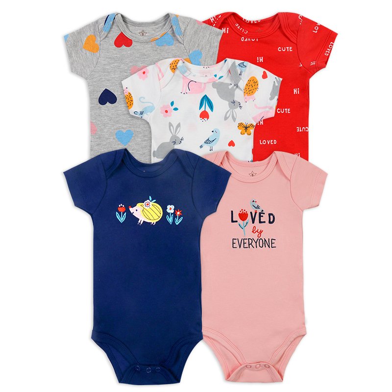Wholesale Hot sale Cartoon print boy girl cotton 5 pieces set Newborn bodysuit Comfortable baby short sleeve romper Cute