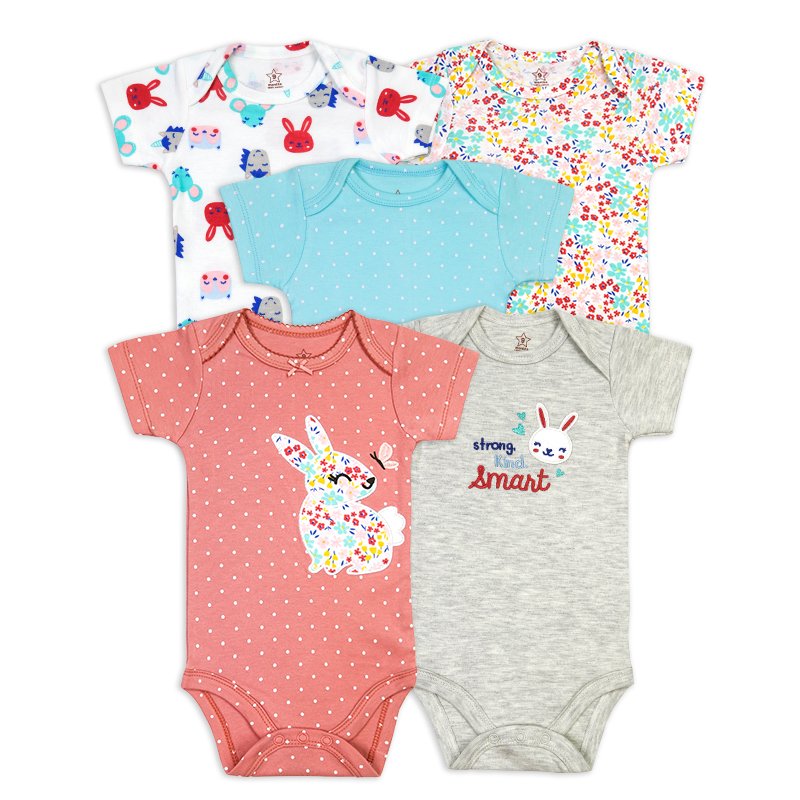 Wholesale Hot sale Cartoon print boy girl cotton 5 pieces set Newborn bodysuit Comfortable baby short sleeve romper Cute