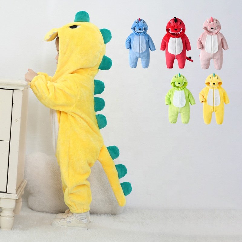 TONWHAR dinosaur shaped children's animal one piece kids onesie toddler flannel hooded pajama