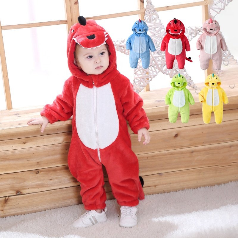 TONWHAR dinosaur shaped children's animal one piece kids onesie toddler flannel hooded pajama