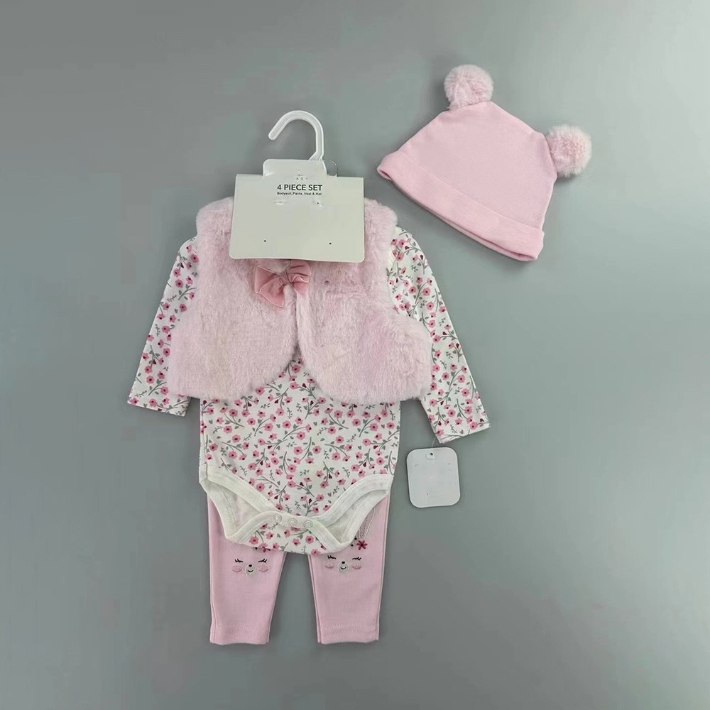 Wholesale High Quality New Born Baby Girl Clothes Sets 0-3 Months Winter Long Sleeves Rompers+Pants+Jacket+Hat 4pcs Sets